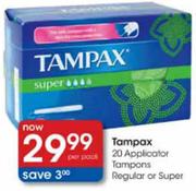 Tampax Applicator Tampons Regular or Super-20 Per Pack