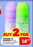 Shower To Shower Roll-On Deodorant For Ladies Assorted-2x50ml