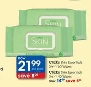 Clicks Skin Essentials 3-in-1 Wipes-40 Per Pack
