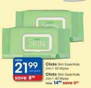 Clicks Skin Essentials 3-in-1 Wipes-60 Per Pack