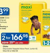 Clicks Disposable Nappies Value Pack:Junior-2x42's, Maxi-2x50's Or Midi-2x58's-Each