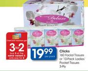 Clicks 160 Facial Tissues Or 10-Pack Ladies Pocket Tissues 3-Ply-Per Pack