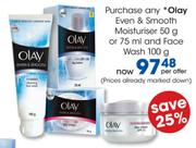Olay Even & Smooth Moisturiser-50g Or 75ml & Face Wash-100g