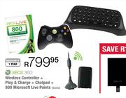 Xbox 360 Wireless Controller+Play & Charge+Chatpad+800 Microsoft Live Points