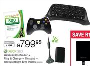 Xbox 360 Wireless Controller+Play & Charge+Chatpad+800 Microsoft Live Points