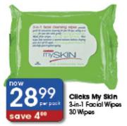 Clicks My Skin 3-In-1 Facial Wipes-30's
