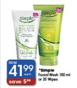 Simple Facial Wash-150ml Or 25 Wipes Each