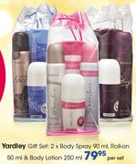 Yardley Gift Set 2xBody Spray 90ml, Roll-On 50ml & Body Lotion 250ml-Per Set