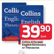 Collins A Format English Dictionary Or Thesaurus