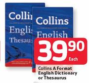 Collins A Format English Dictionary Or Thesaurus -Each