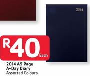 2014 A5 Page A-Day Diary Assorted Colours