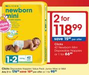 Clicks Newborn Mini Disposable Nappies-2x42's