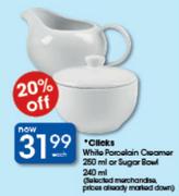 Clicks White Porcelain Creamer-250ml Or Sugar Bowl-240ml Each