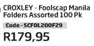 Croxley-Foolscap Manila Folders Assorted 100Pk (SCFOL200F29)