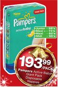 Pampers Active Baby Giant Pack Disposable Nappies Junior 68's/Maxi+ 74's/Maxi 82's/Midi 96's Each