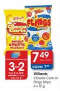 Willards Cheese Curls Or Fings Strips-4x12g