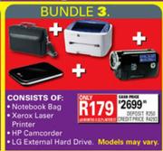 Notebook Bag + Xerox Laser Printer + HP Camcorder + LG External Hard Drive