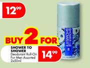Shower To Shower Deodorant Roll-On For Men Assorted-2x50ml