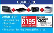 Notebook Bag + Xerox Laser Printer + HP Camcorder + LG External Hard Drive