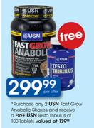 USN Fast Grow Anabolic Shakes-2's + Free USN Testo Tribulus 100 Tablets 