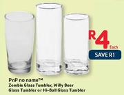 Pnp No Name Zombie Glass Tumbler, Willy Beer Glass Tumbler Or Hi-Ball Glass Tumbler -Each
