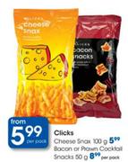 Clicks Bacon or Prawn Cocktail Snacks-50g per pack