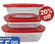Arcuisine Glass Bowls With Red Plastic Lids Square-2.3L Or Rectangular-2.7L Each