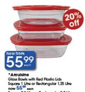 Arcuisine Glass Bowls With Red Plastic Lids Square-1L Or Rectangular-1.25L Each