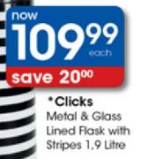 Clicks Metal & Glass Lined Flask With Stripes-1.9L Each