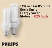 Philips 11W Or 14W BS Or ES Genie Smily Energy Saver Globes-Each