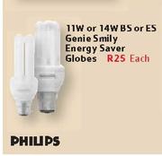  Philips 11W Or 14W BS Or ES Genie Smily Energy Saver Globes-Each 