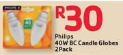 Philips 40W BC Candle Globes-2 Pack