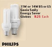 Philips 11W Or 14W BS Or ES Genie Smily Energy Saver Globes-Each