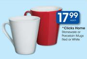 Clicks Home Stoneware Or Porcelain Mugs Red Or White-Each