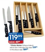 Clicks Home Knife & Utensil Set In Pine Block-12 Piece