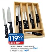 Clicks Home Knife & Utensil Set In Wooden Tray-12 Piece