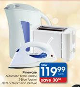 Pineware Automatic Kettle (PAK834)/2-Slice Toaster (PET22)/Steam Iron (PS170/65)-Each