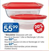 Arcuisine Glassware With Lids Round Or Square-1L Or Rectangle-1.25L Each