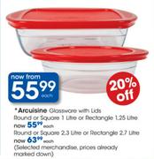 Arcuisine Glassware With Lids Round Or Square-2.3L Or Rectangle-2.7L Each