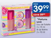 Perfumes Love Eau De Toilette-2x15ml & Lip Balms-2x10ml Per Set