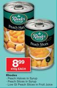 Rhodes Peach Halves In Syrup/Peach Slices In Syrup or Low GI Peach Slices In Fruit juice-410g Each
