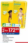 Clicks Disposable Nappies Value Pack 42 Junior, 50 Maxi Or 58 Midi-2's
