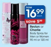 Revlon Or Charlie Body Spray For Men Or Women-90ml Or 120ml Each