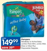 Pampers New Baby Or Active Baby Jumbo Pack Mini, Junior, Midi, Maxi Or Maxi Plus Disposable Nappies-