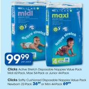 Clicks Active Stretch Disposable Nappies-Midi-62's,Maxi-54's,Junior-44's