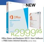 Microsoft Office Home and Business 2013 1 User Software + Free Avira Internet Security