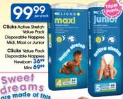Clicks Active Stretch Value Pack Disposable Nappies Midi,Maxi Or Junior-Per Pack