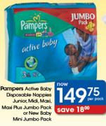 Pampers Active Baby Disposable Nappies Junior,Midi,Maxi,Maxi Plus Jumbo Pack Or New Baby Mini Jumbo 