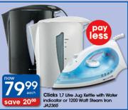 Clicks 1.7L Litre Jug Kettle With Water Indicator Or 1200W Steam Iron(JA2365)-Each