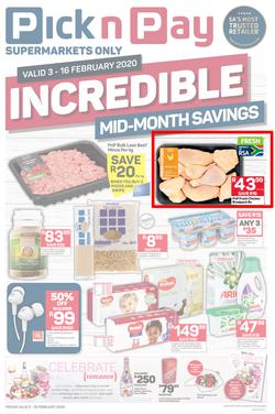 Pick n Pay Gauteng, Free State, North West, Mpumalanga, Limpopo and Northern Cape : Incredible Mid-Month Savings (3 Feb - 16 Feb 2020), page 1